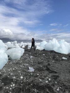 Black sand beach with ice
