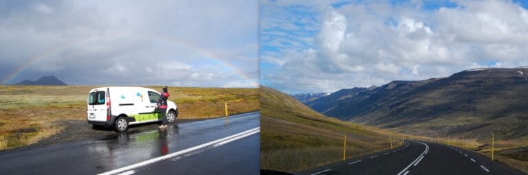 person standing by a rent.is camping car by a road in the icelandic nature